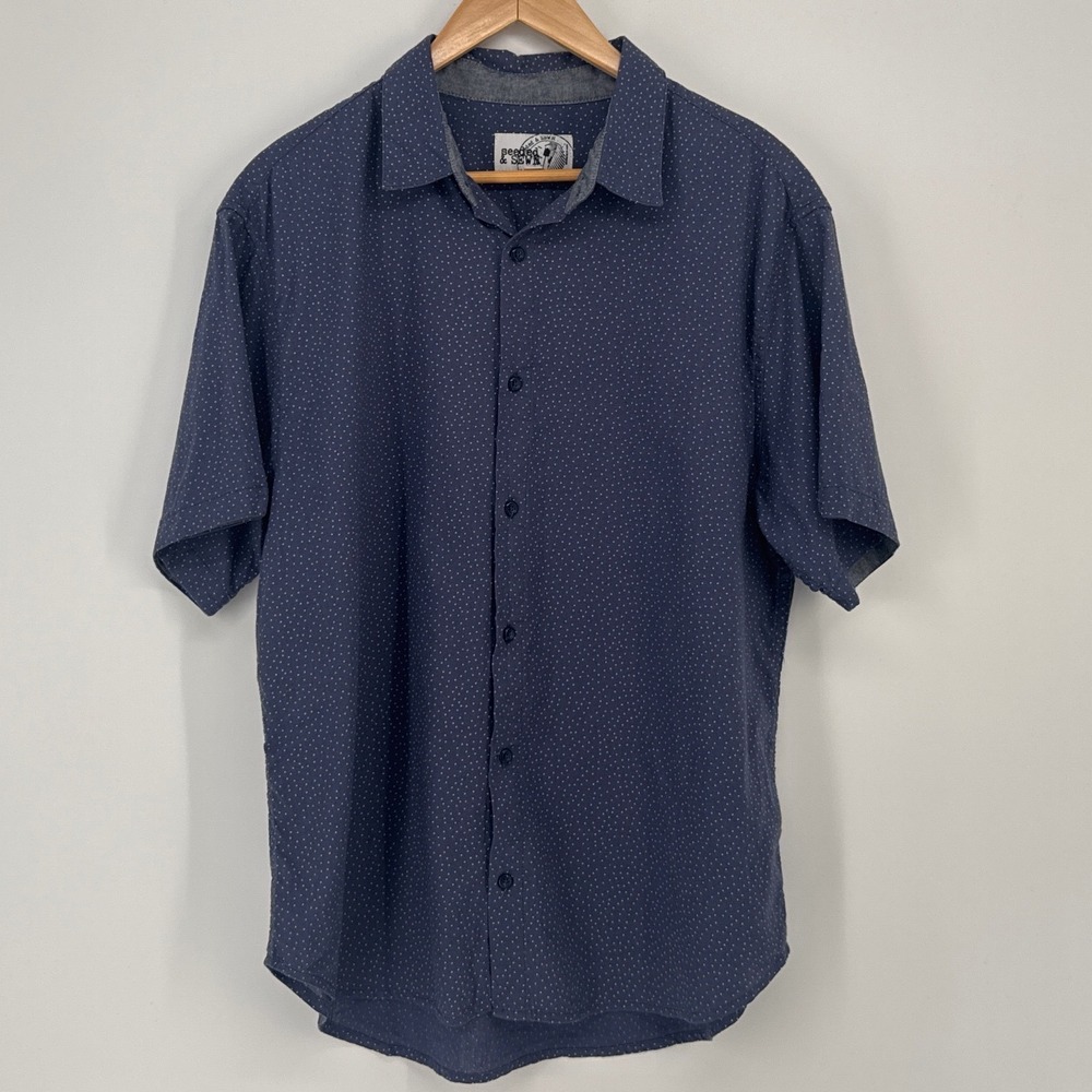 Seeded & Sewn Mens Shirt XL Blue Micro Dot Linen Cotton Short Sleeve Button Down